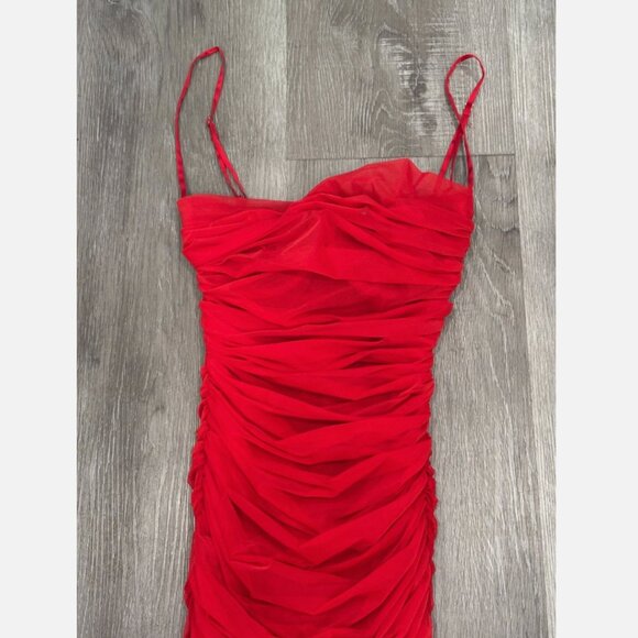 HOUSE OF CB Sirene Ruched Mesh Midi Dress Red Womens XS - Picture 4 of 8